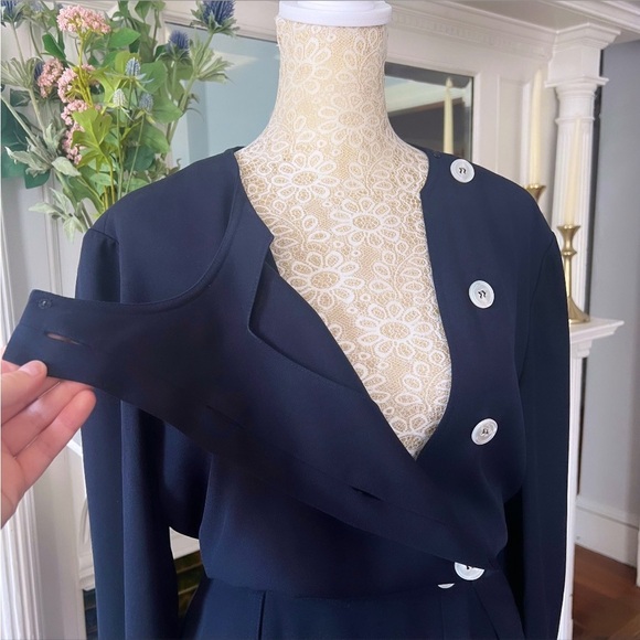 VINTAGE VALENTINO MISS V 100% Wool Navy Side Button Midi Dress Size 10 - Picture 8 of 15
